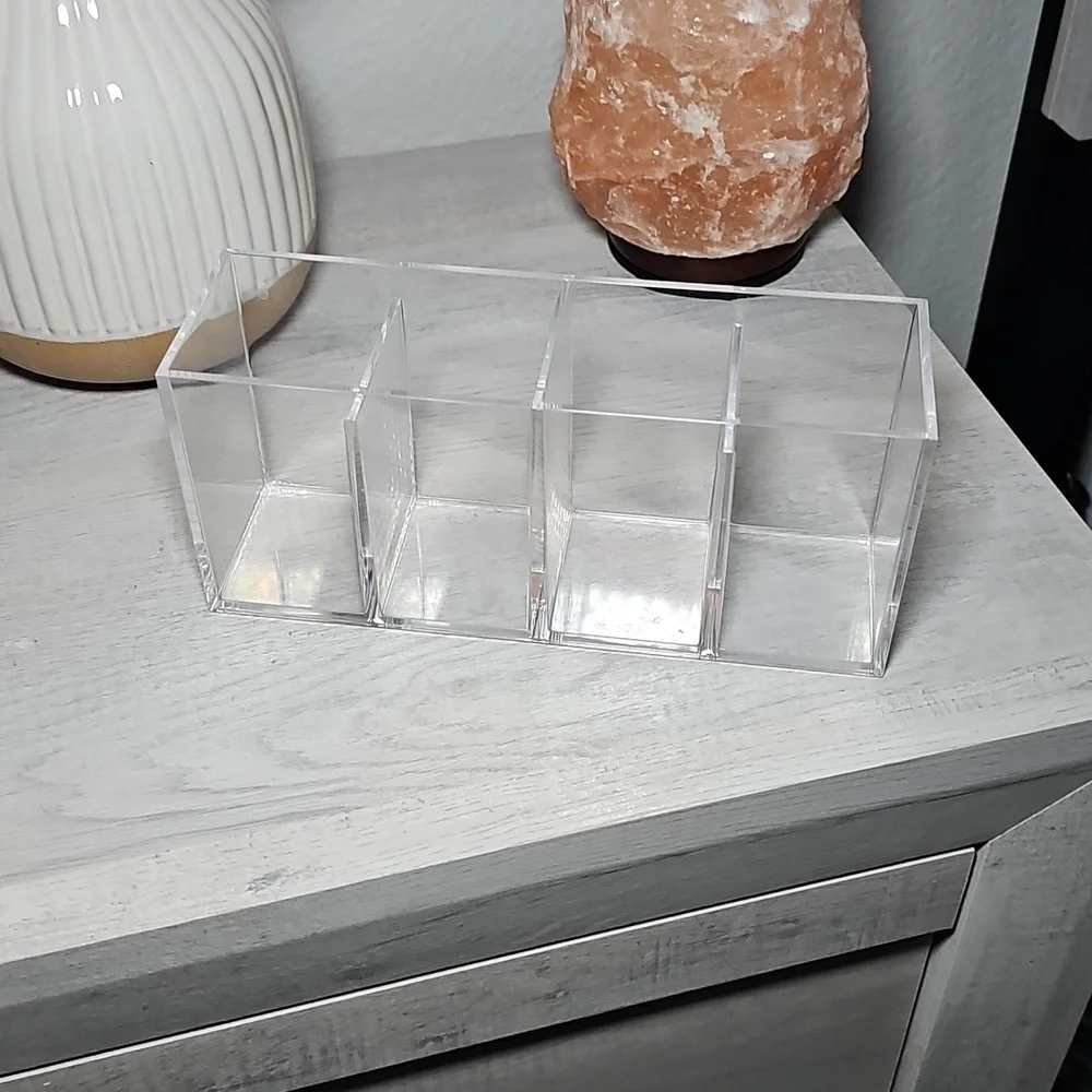 Clear Acrylic Organizer 4 Compartments Makeup Brushes Office Supplies 8.5 x 3.75